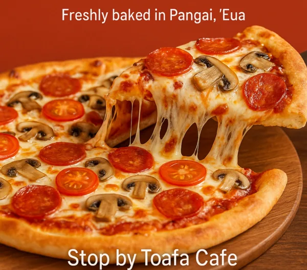 Fresh pizza prepared at Toafa Café